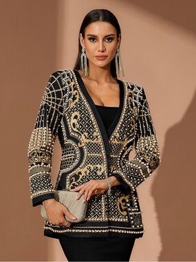 Beaded Embellished Black & Gold Blazer Jacket